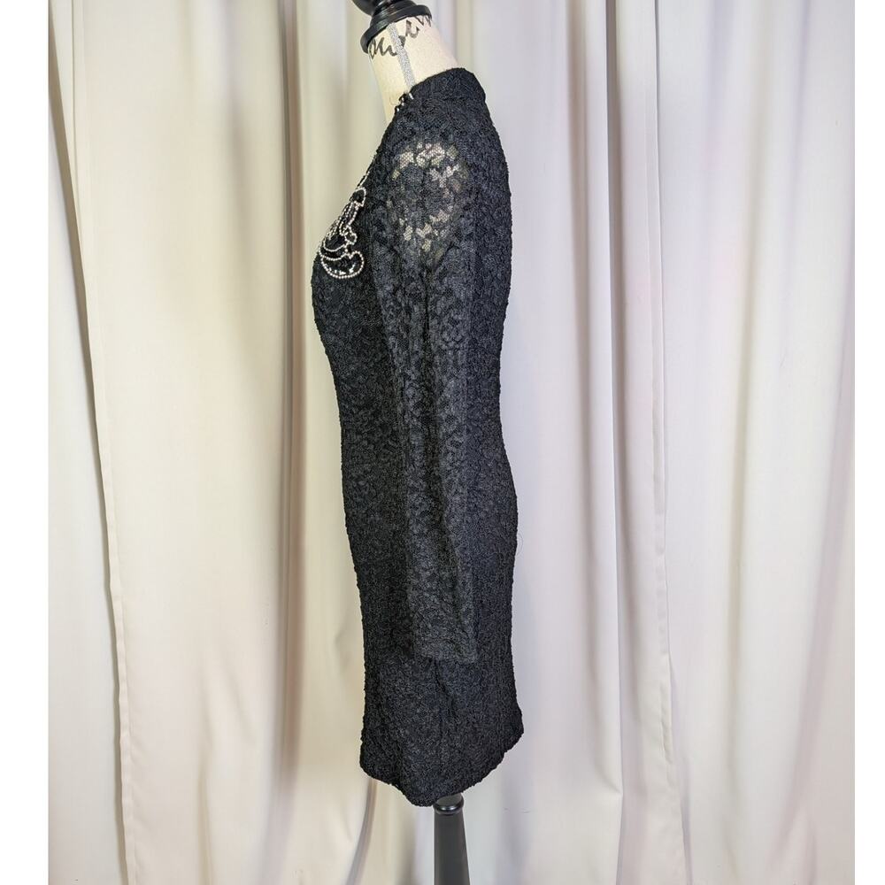 Vintage 80s Betsy & Adam Black Lace Beaded Cocktail Party Dress USA - Picture 3 of 16